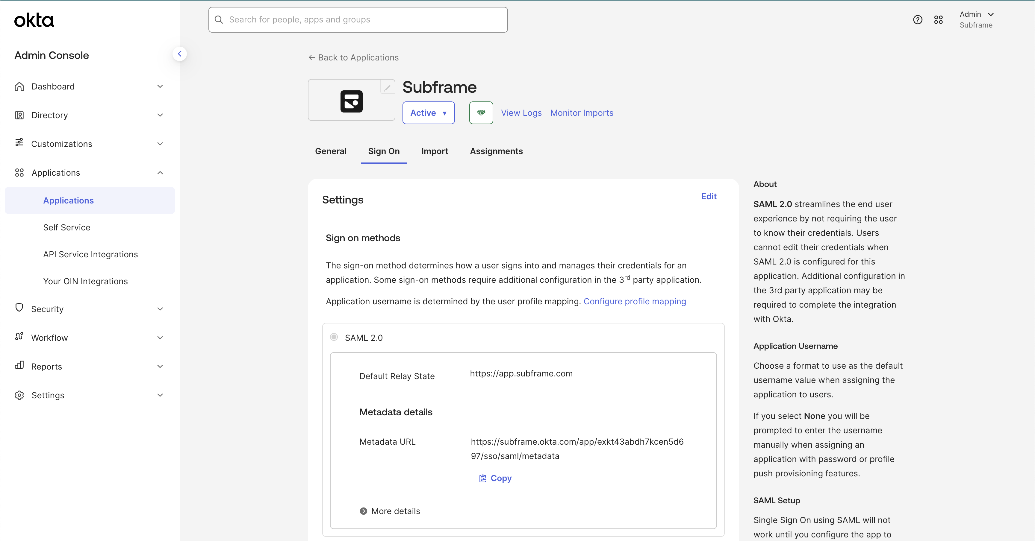 Sign On settings page showing Metadata URL location