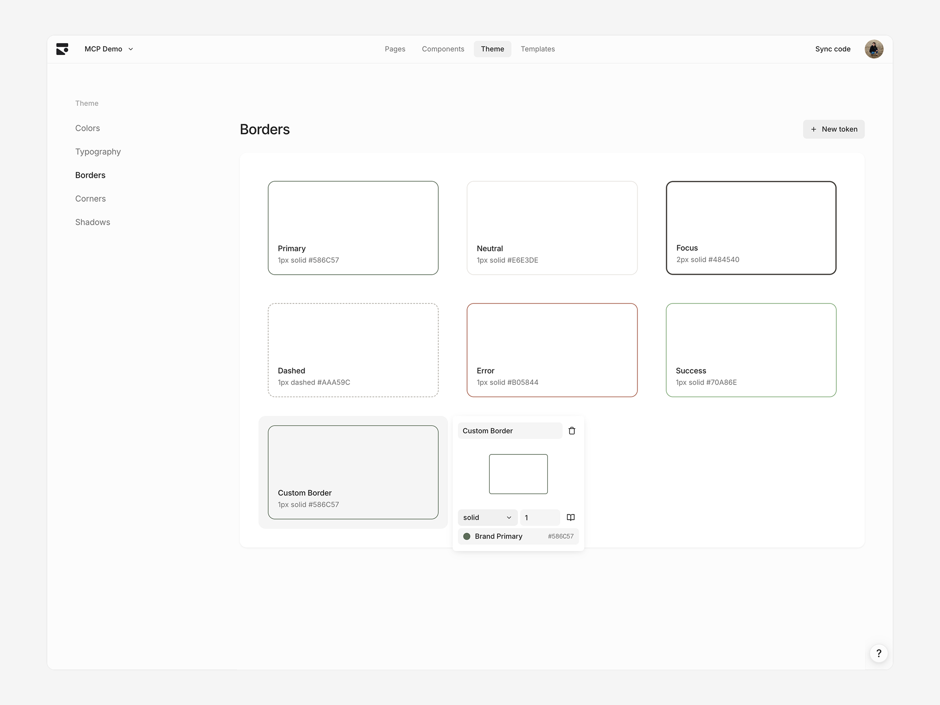 Borders section of the theme page showing editing a border token