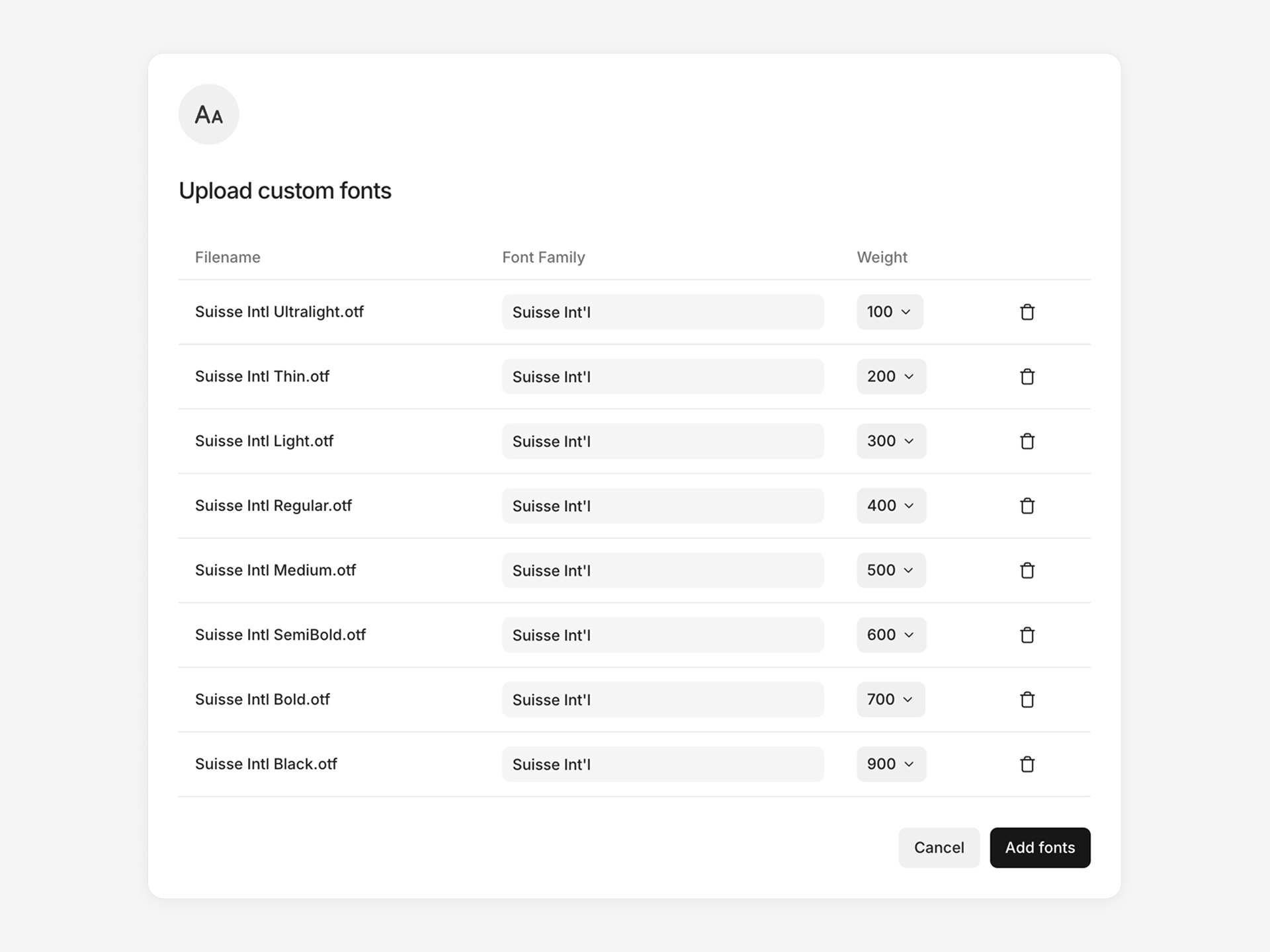 Dialog showing a list of fonts uploaded for review