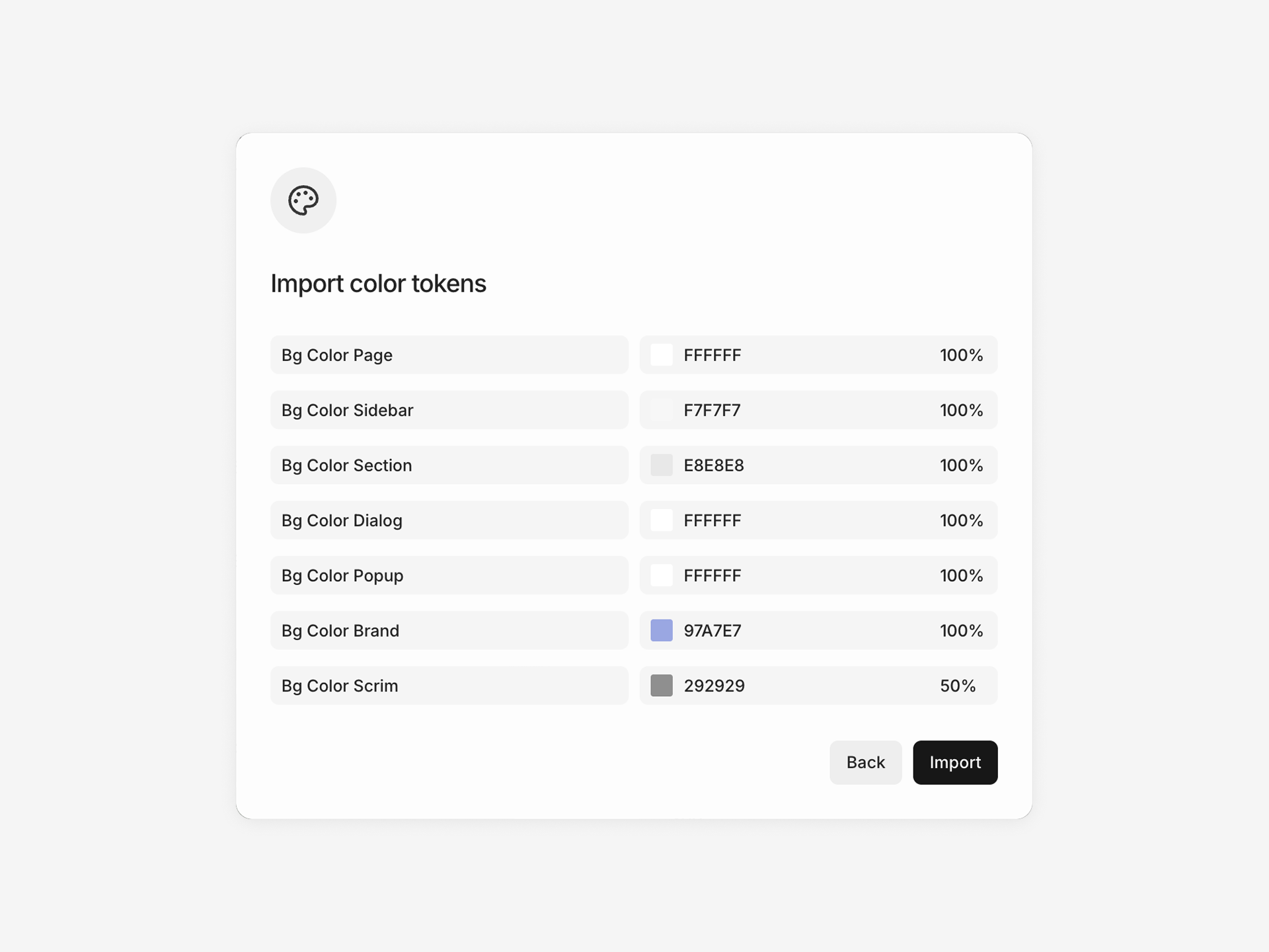 Dialog showing a list of imported color tokens for review