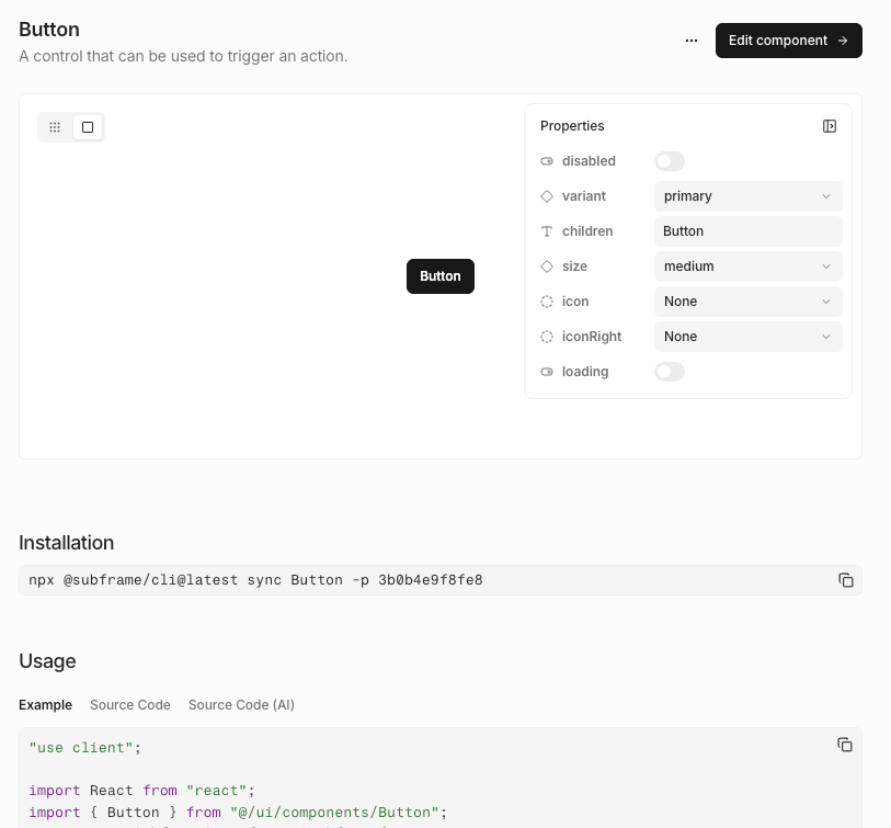 Component docs for a Button component