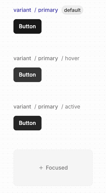 Showing the hover, active, and focus states of a Button component