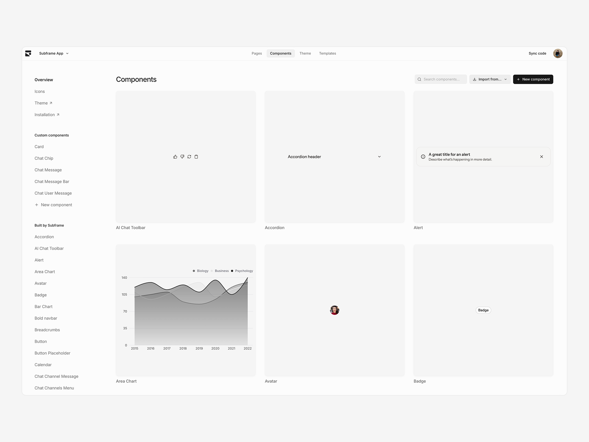 The Components tab showing a list of design system components
