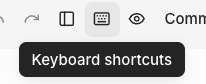 Keyboard shortcuts panel showing the keyboard icon in the editor navbar