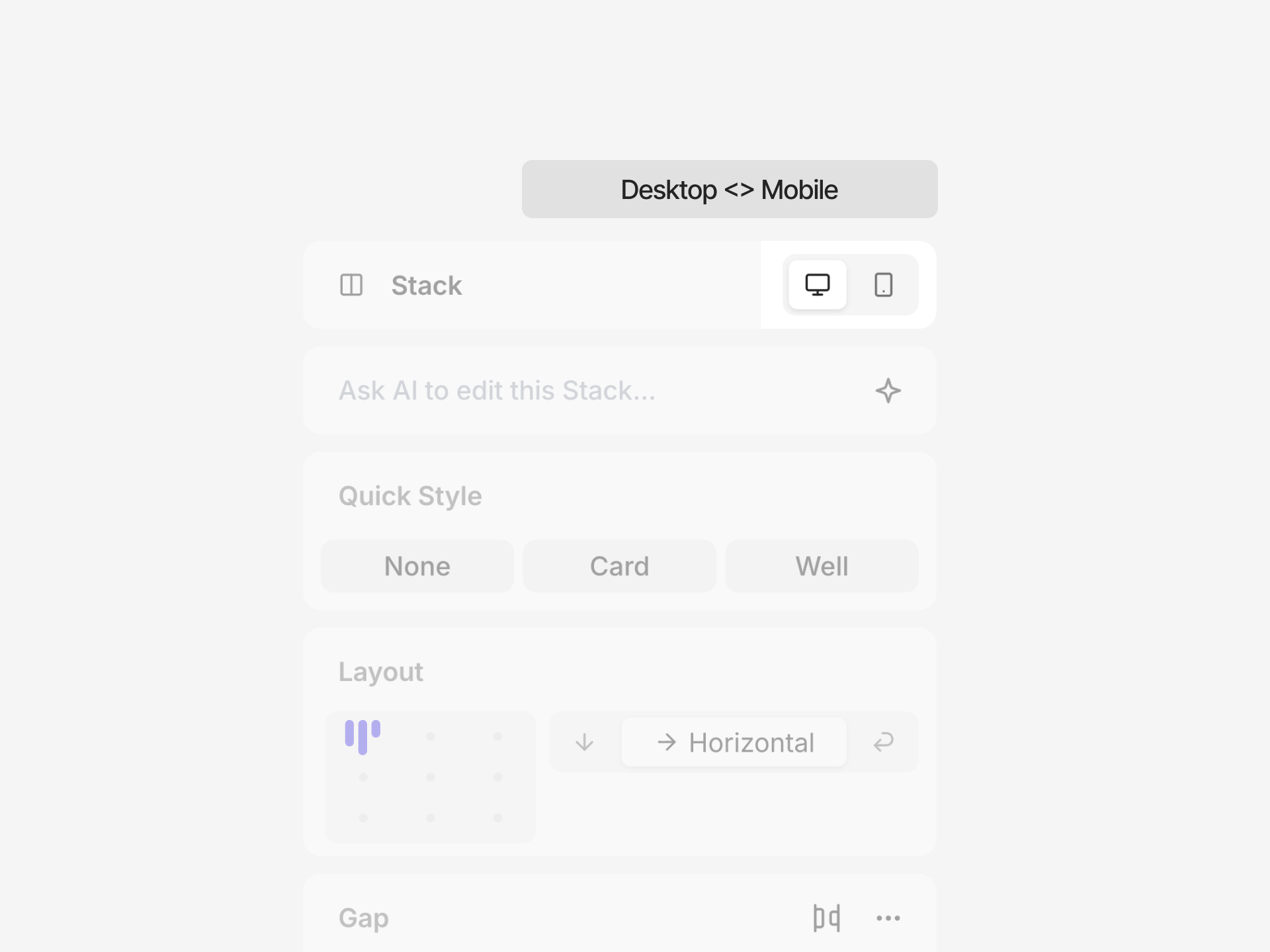 Breakpoint selector in the Inspector panel listing Desktop and Mobile with their width ranges