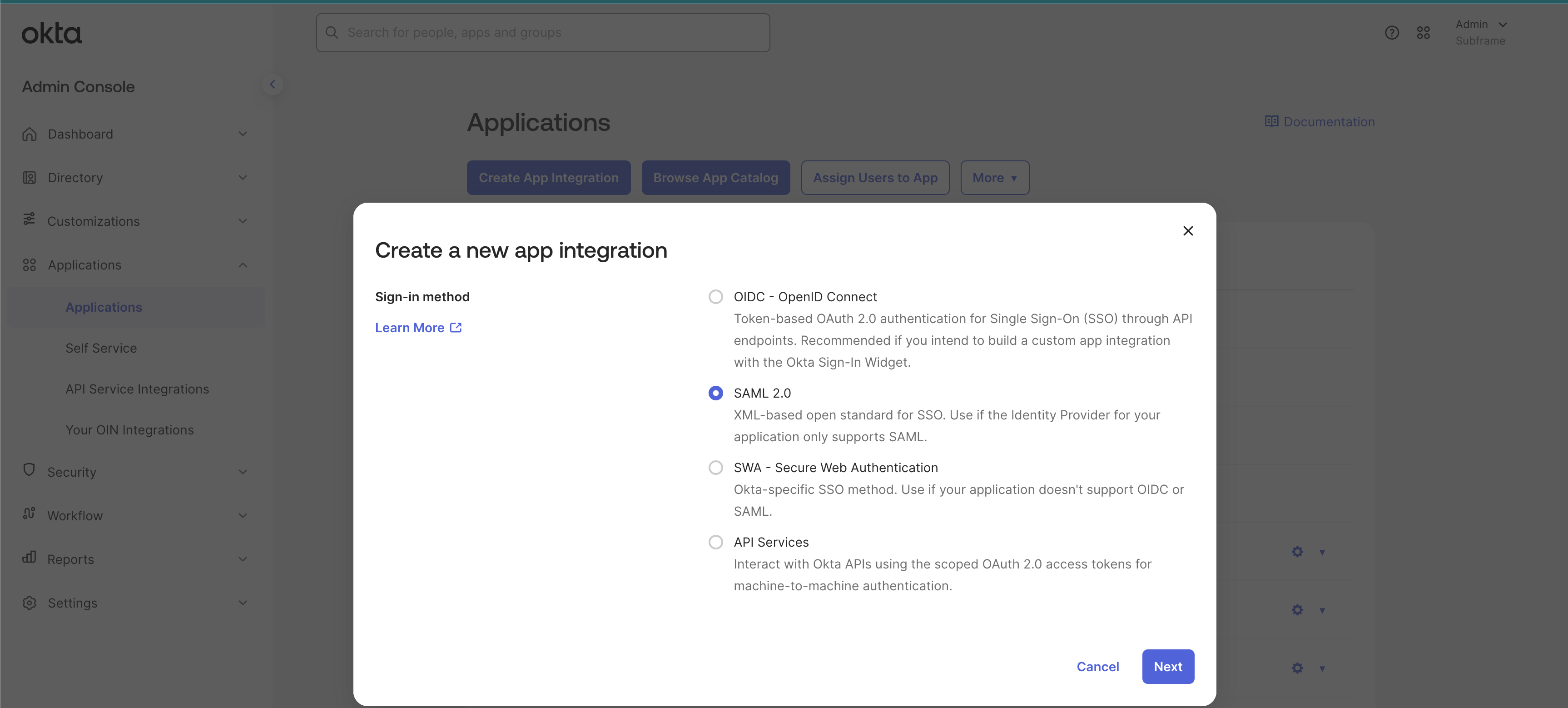 Create a new app integration dialog with SAML 2.0 selected