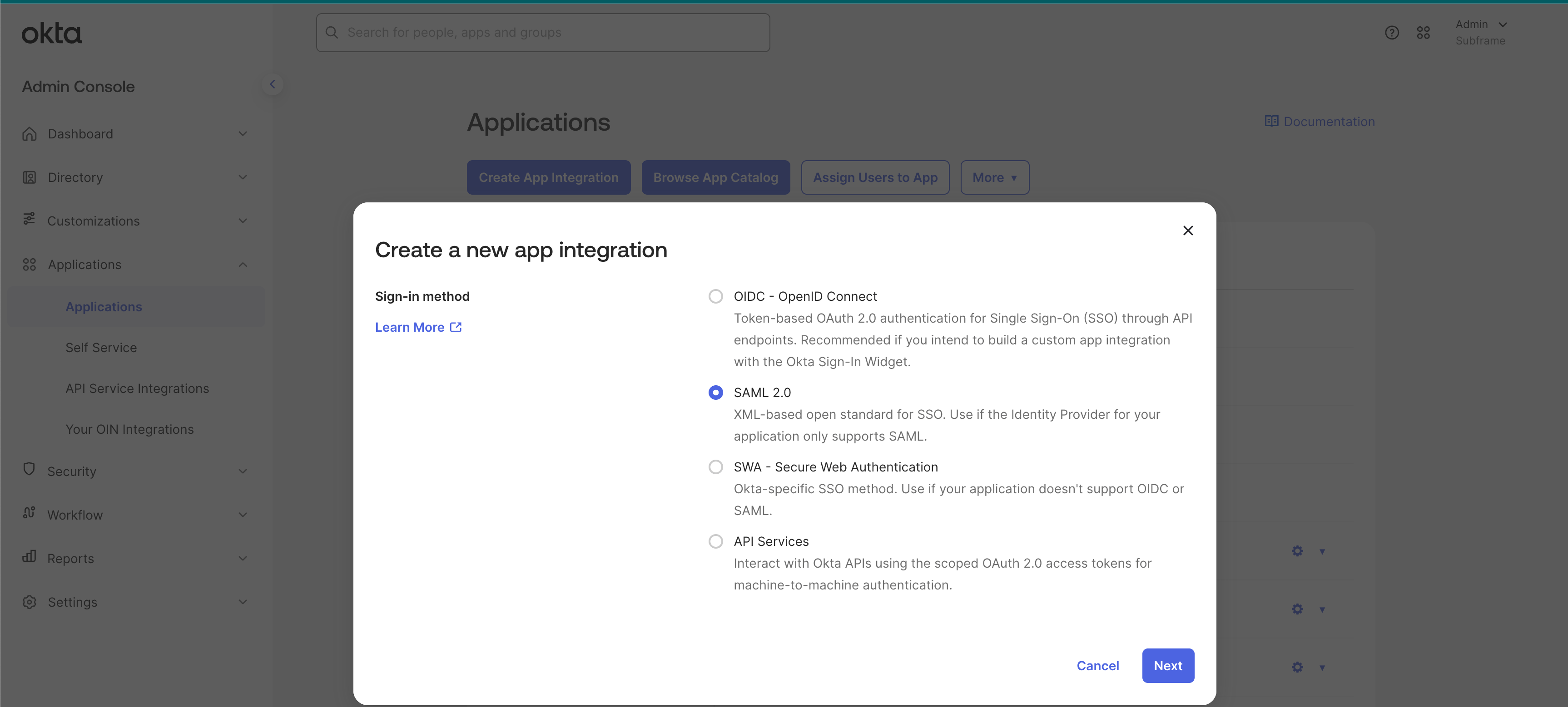 Create a new app integration dialog with SAML 2.0 selected