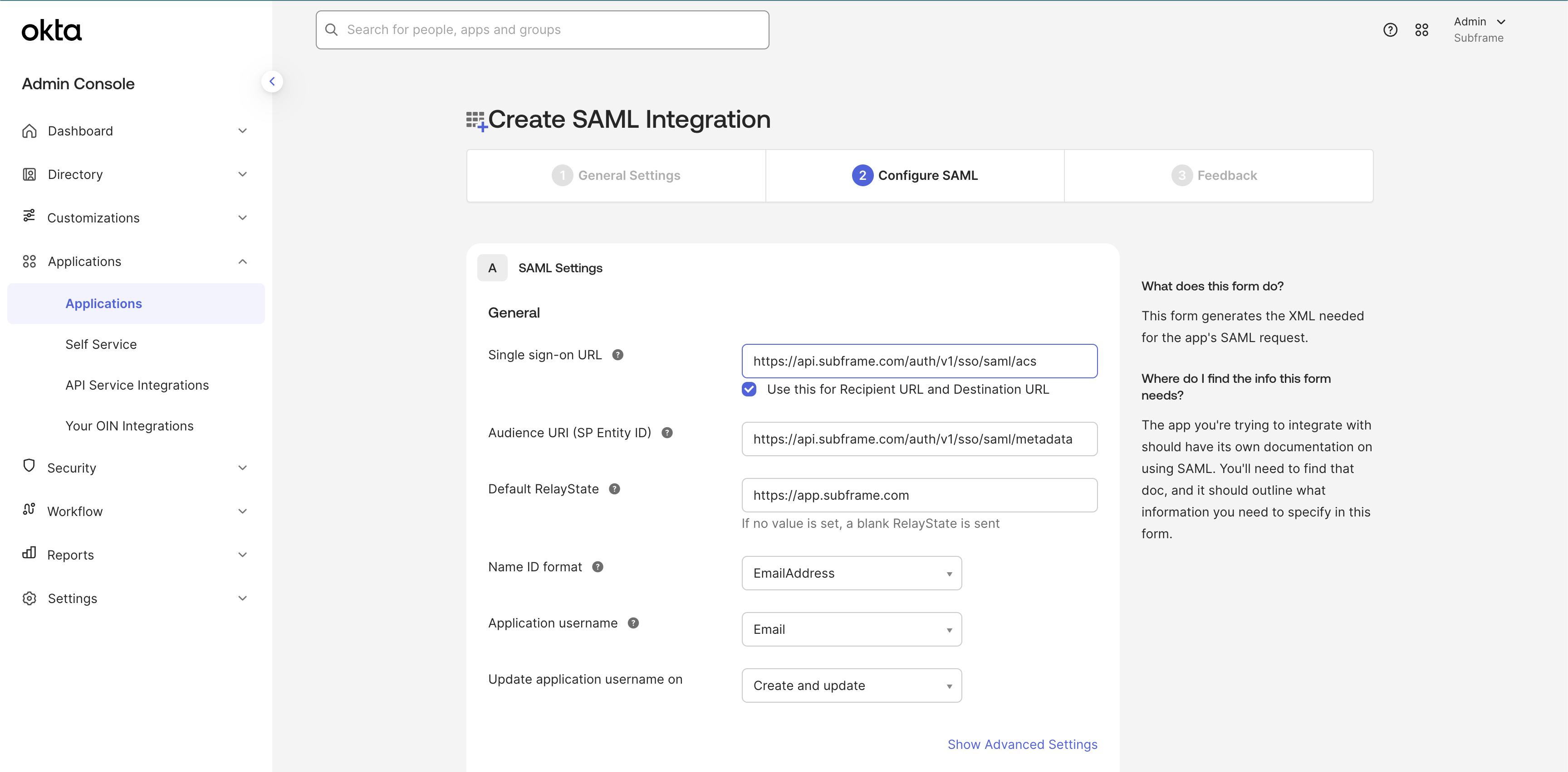 SAML settings form with Single sign-on URL and Audience URI fields