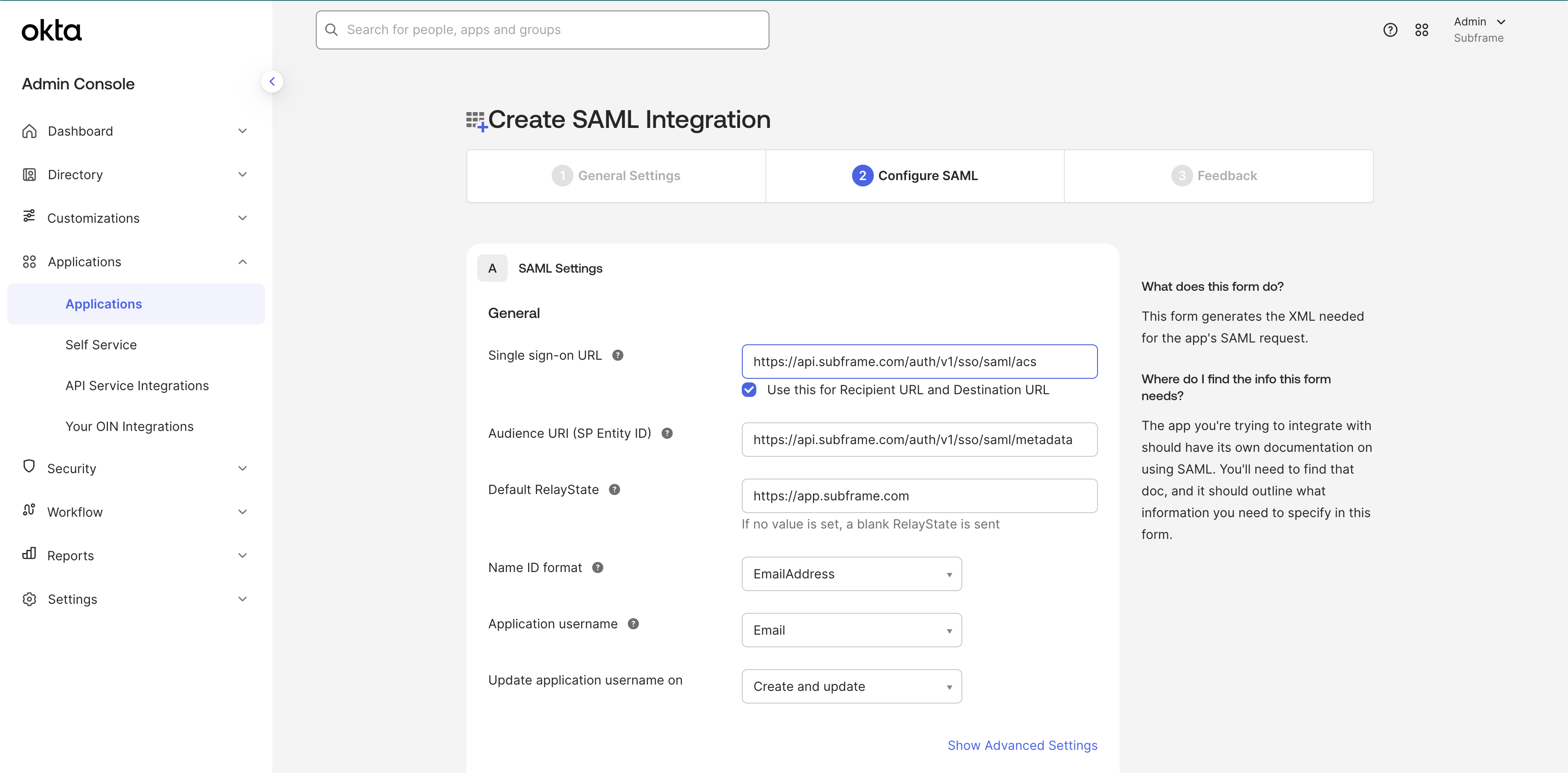 SAML settings form with Single sign-on URL and Audience URI fields