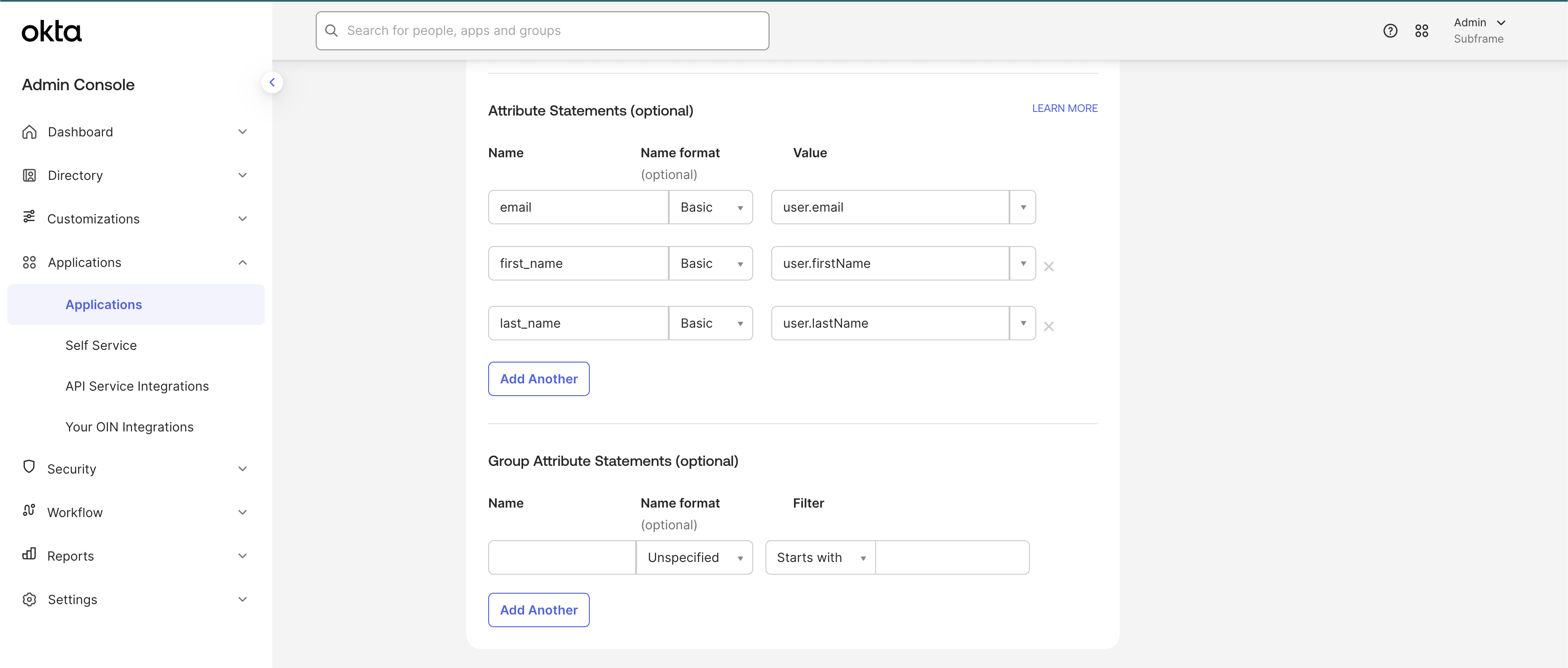 Attribute Statements configuration with email mapping