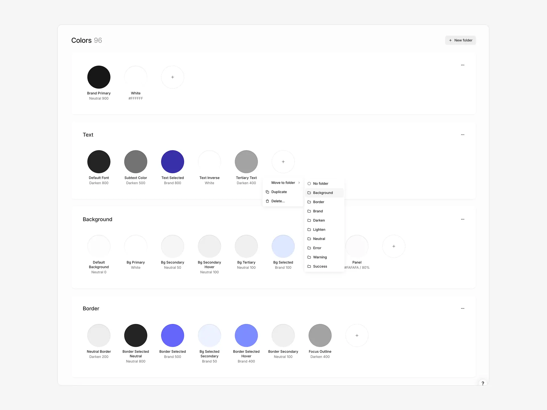 Colors section showing color tokens organized into folders like Text, Background, and Border, with a context menu for moving tokens between folders