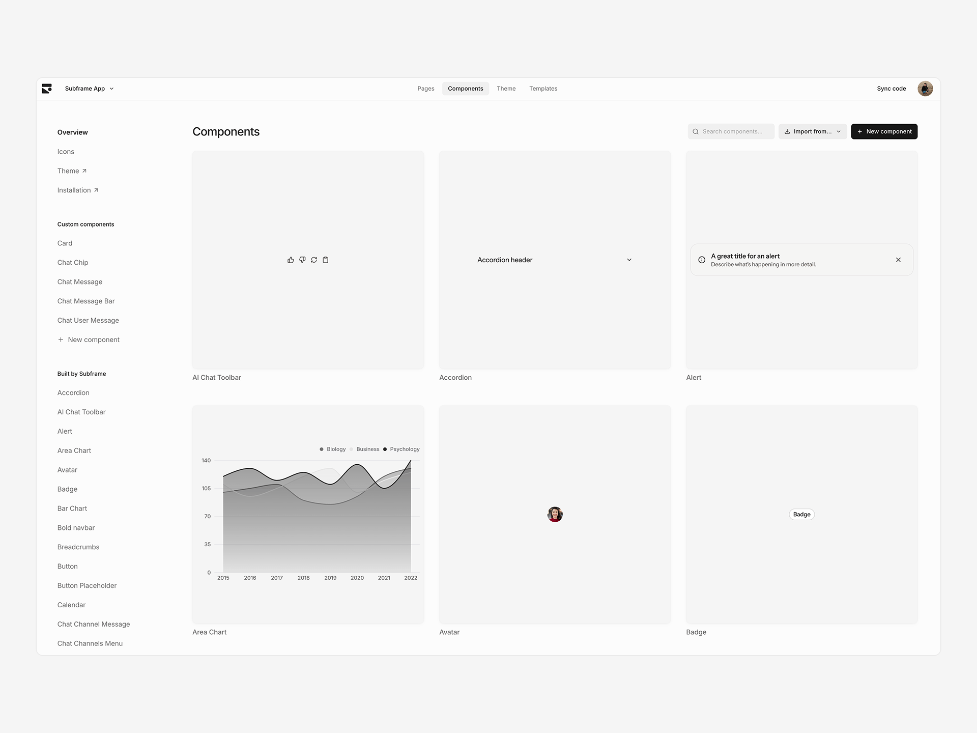 The Components tab showing a list of design system components