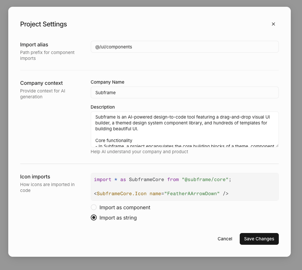 The Code export settings dialog showing import alias and icon import options