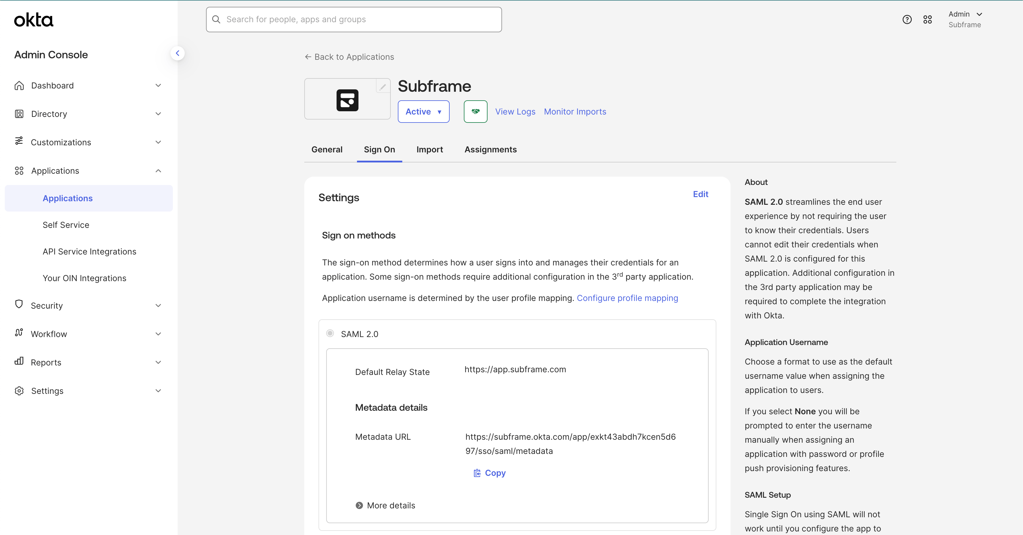 Sign On settings page showing Metadata URL location