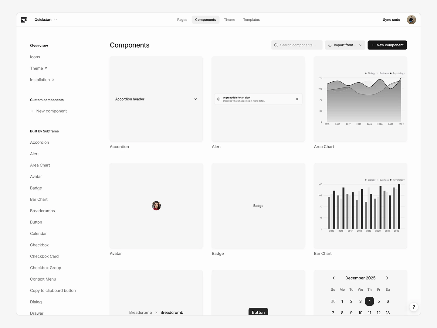 Component library gallery for a new project