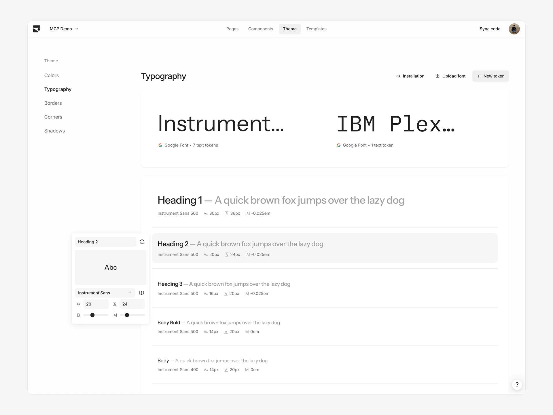 Typography section of the theme page showing editing a text token