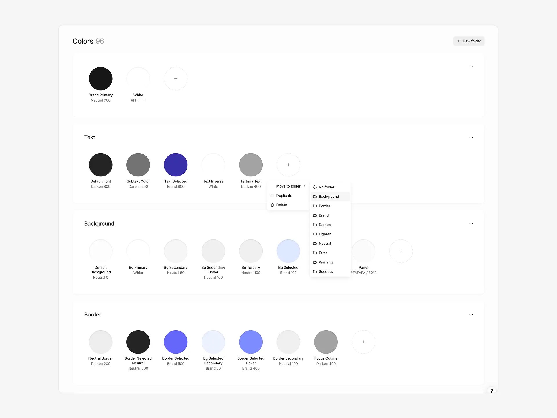Colors section showing color tokens organized into folders like Text, Background, and Border, with a context menu for moving tokens between folders
