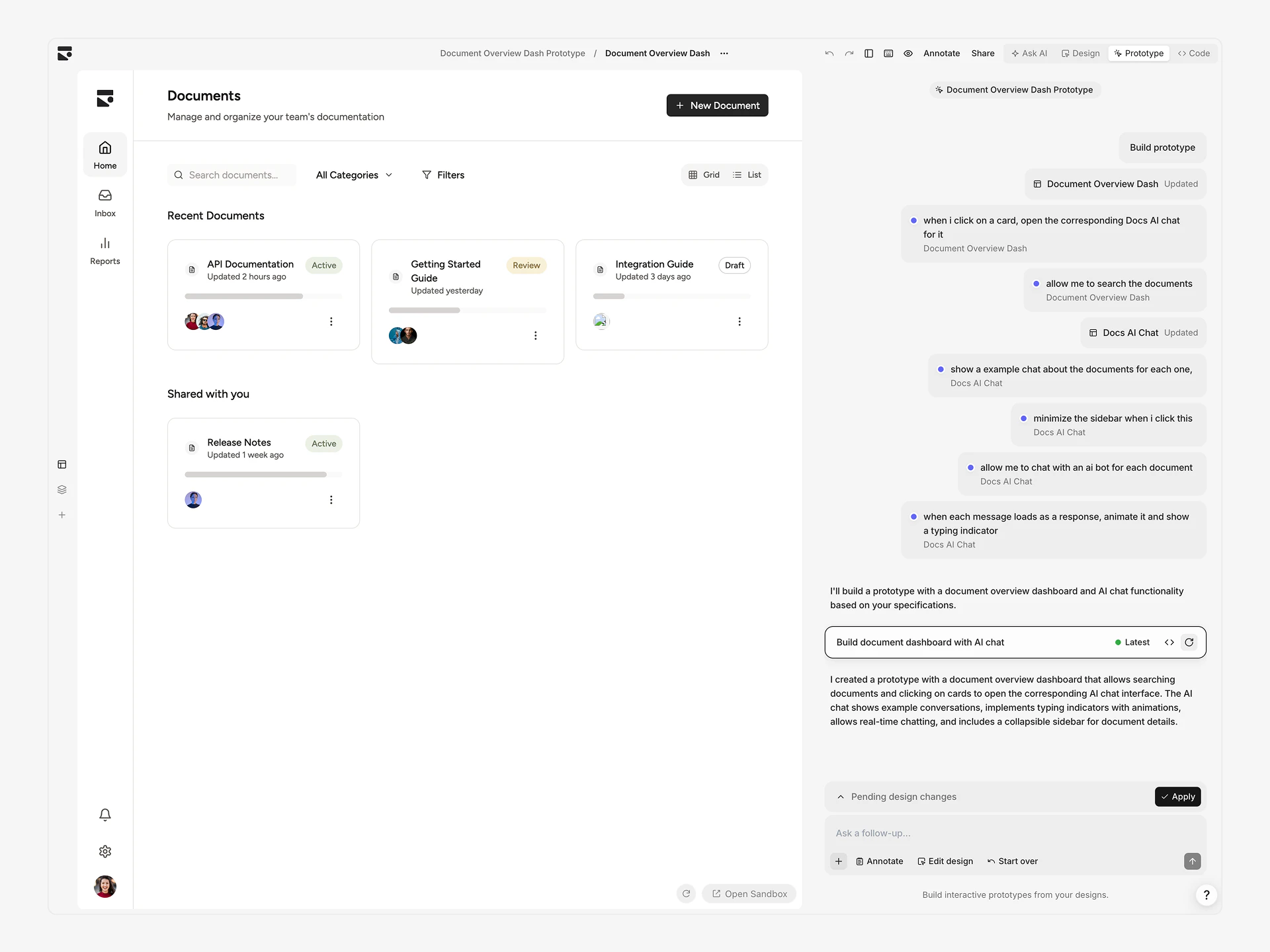 Prototype mode showing a page with annotations and AI chat panel for adding interactions