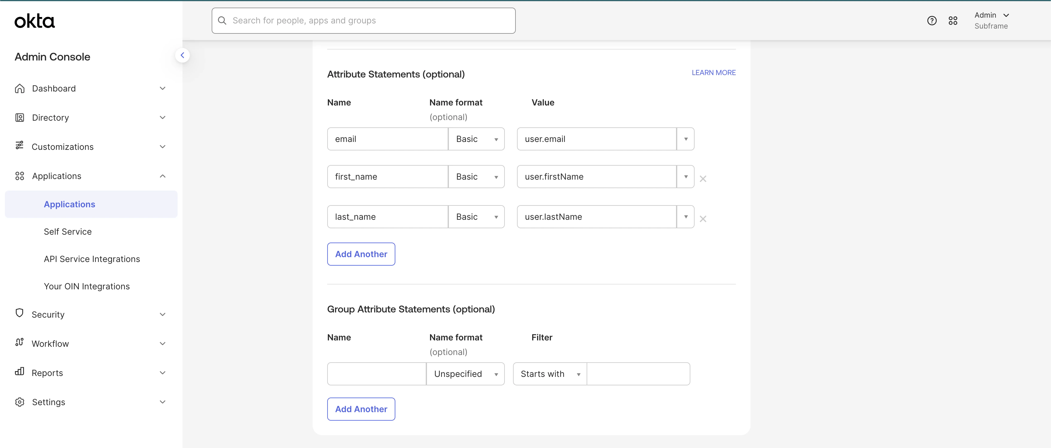 Attribute Statements configuration with email mapping