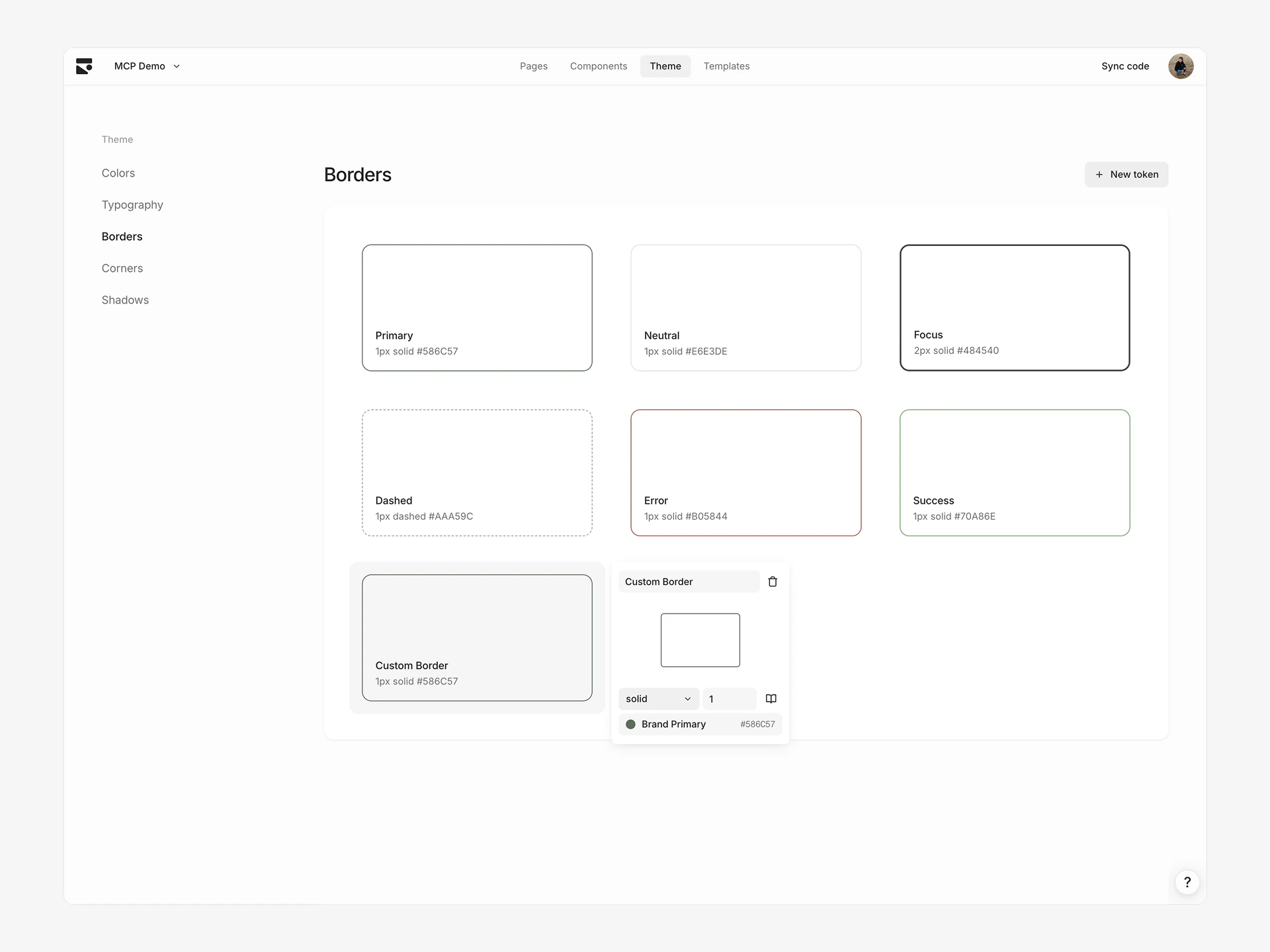 Borders section of the theme page showing editing a border token
