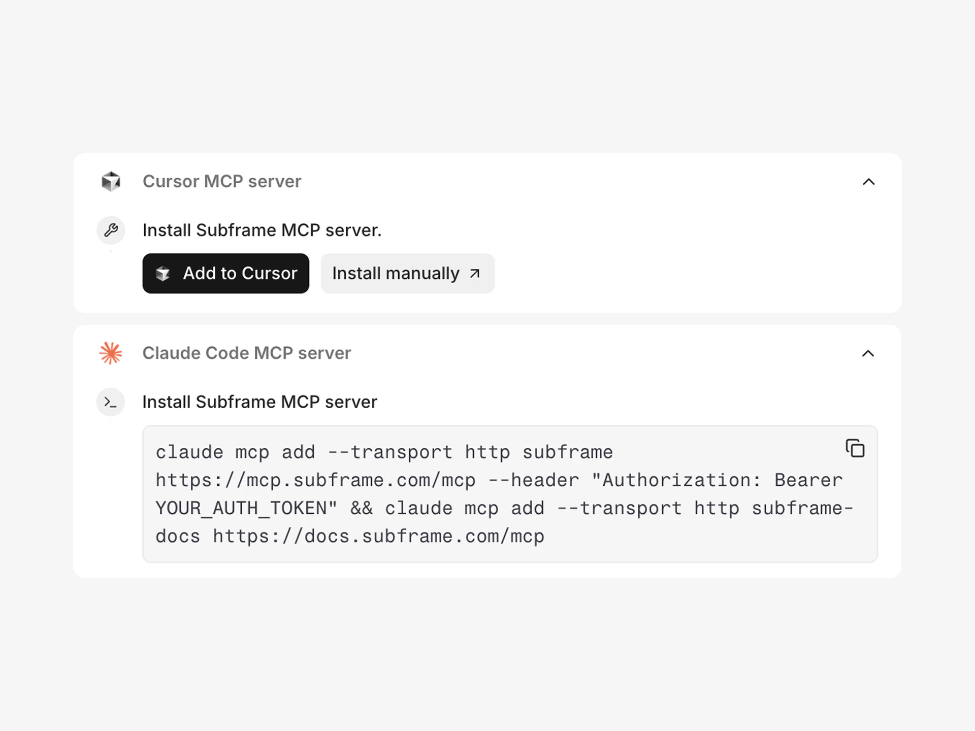 Configuration file showing MCP server setup with Subframe access token