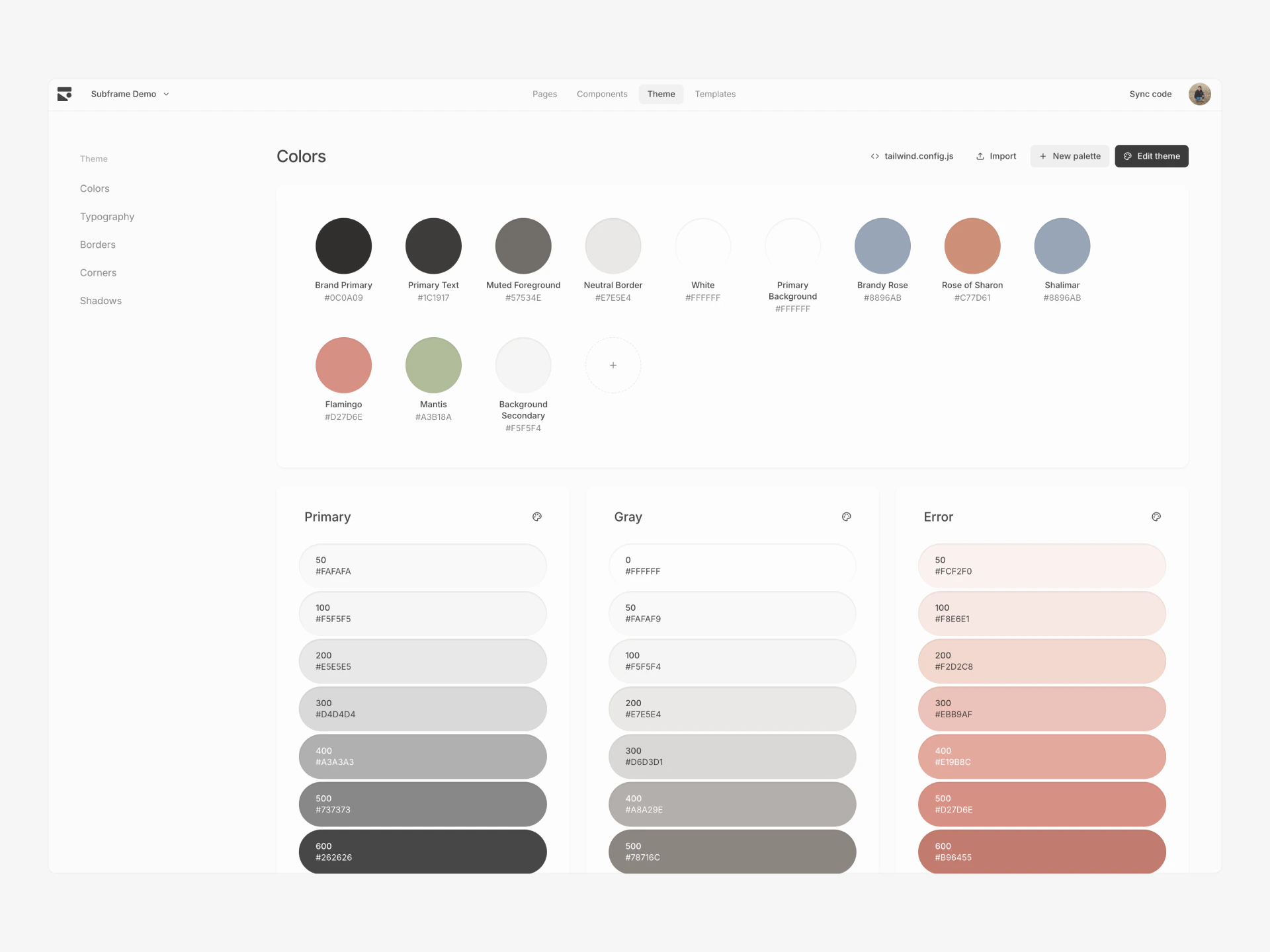 The theme panel showing color tokens, typography settings, and spacing scale