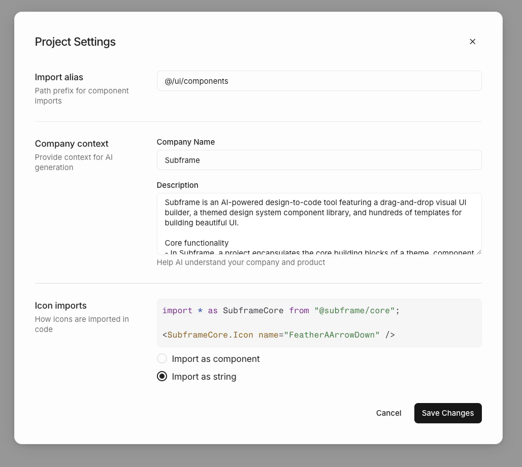 Project settings showing the project settings dialog