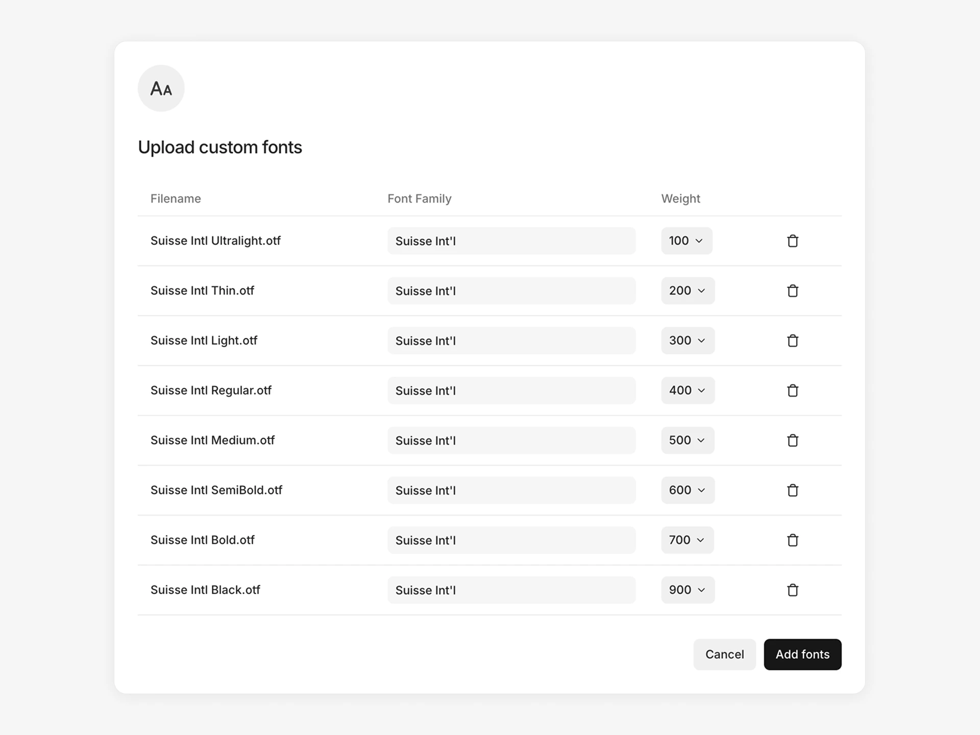 Dialog showing a list of fonts uploaded for review