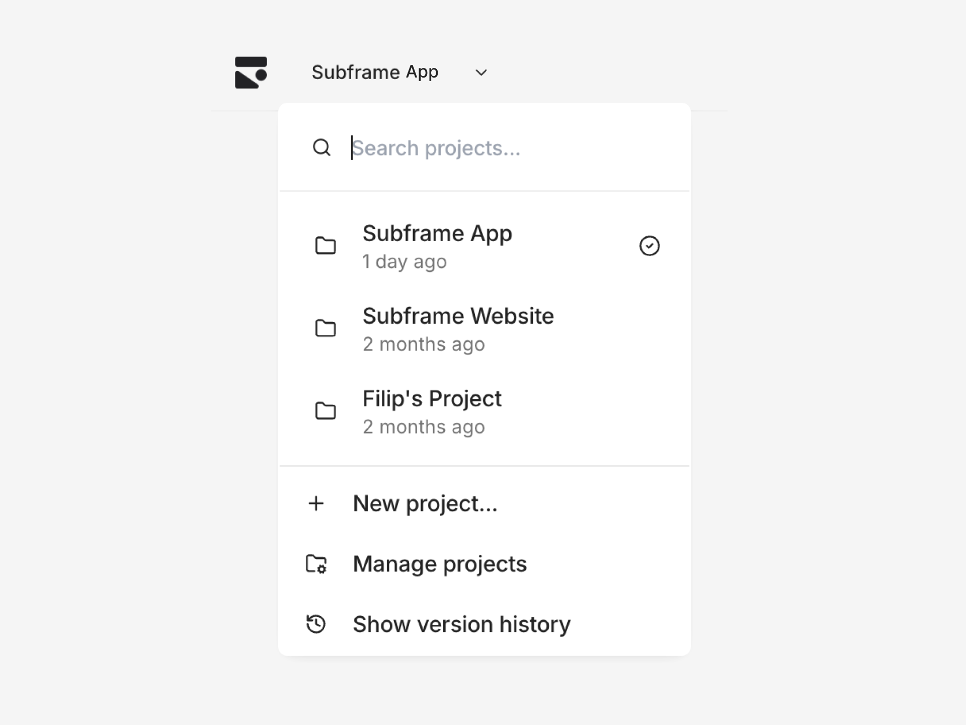 The Project Switcher dropdown showing a list of projects with a New project button