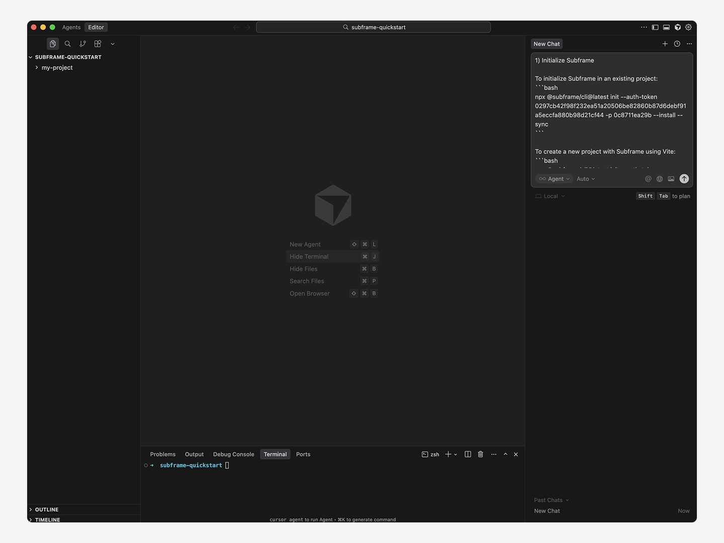 Cursor project with Subframe installation prompt