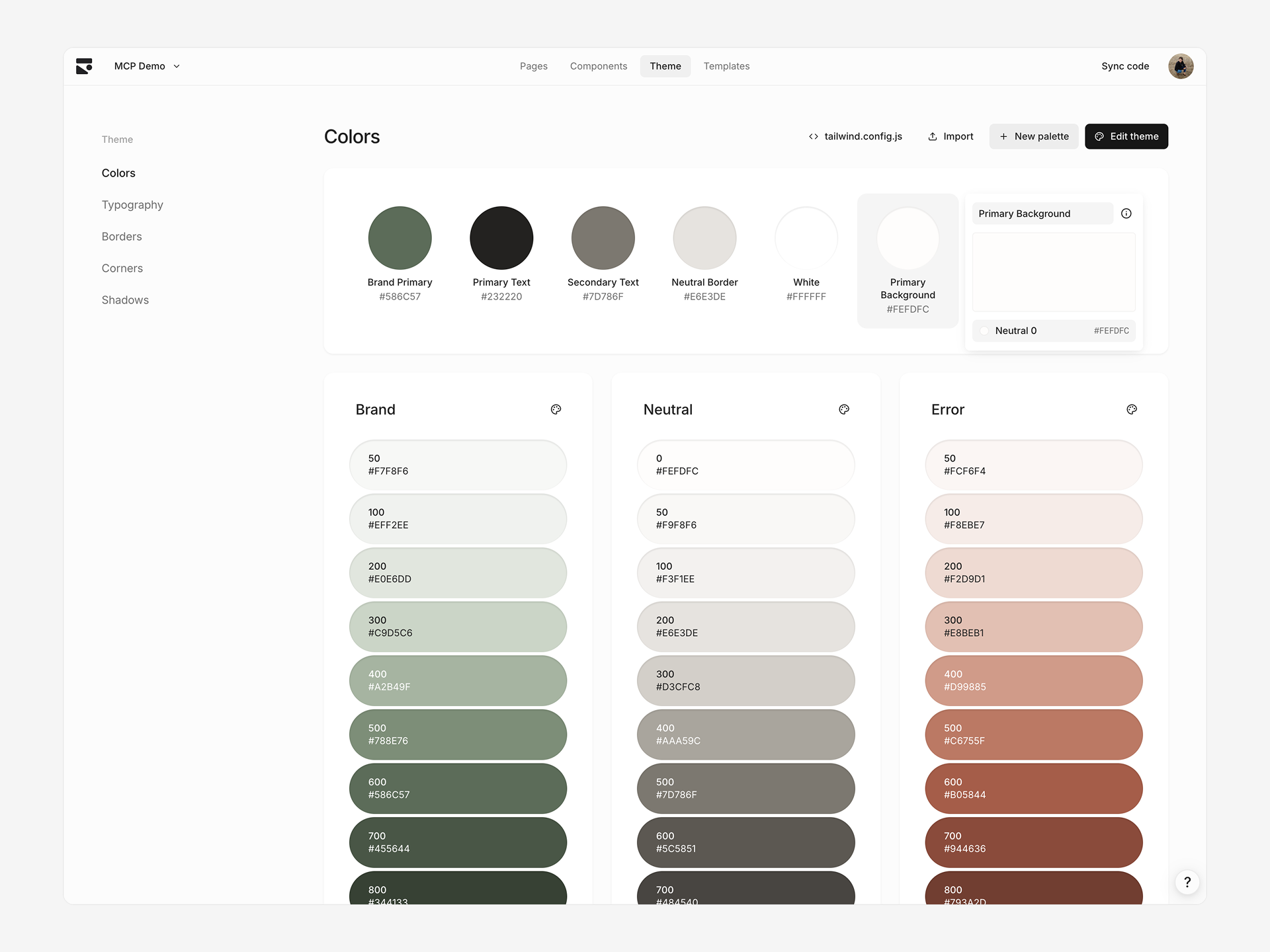 Color section of the theme page showing editing a color token