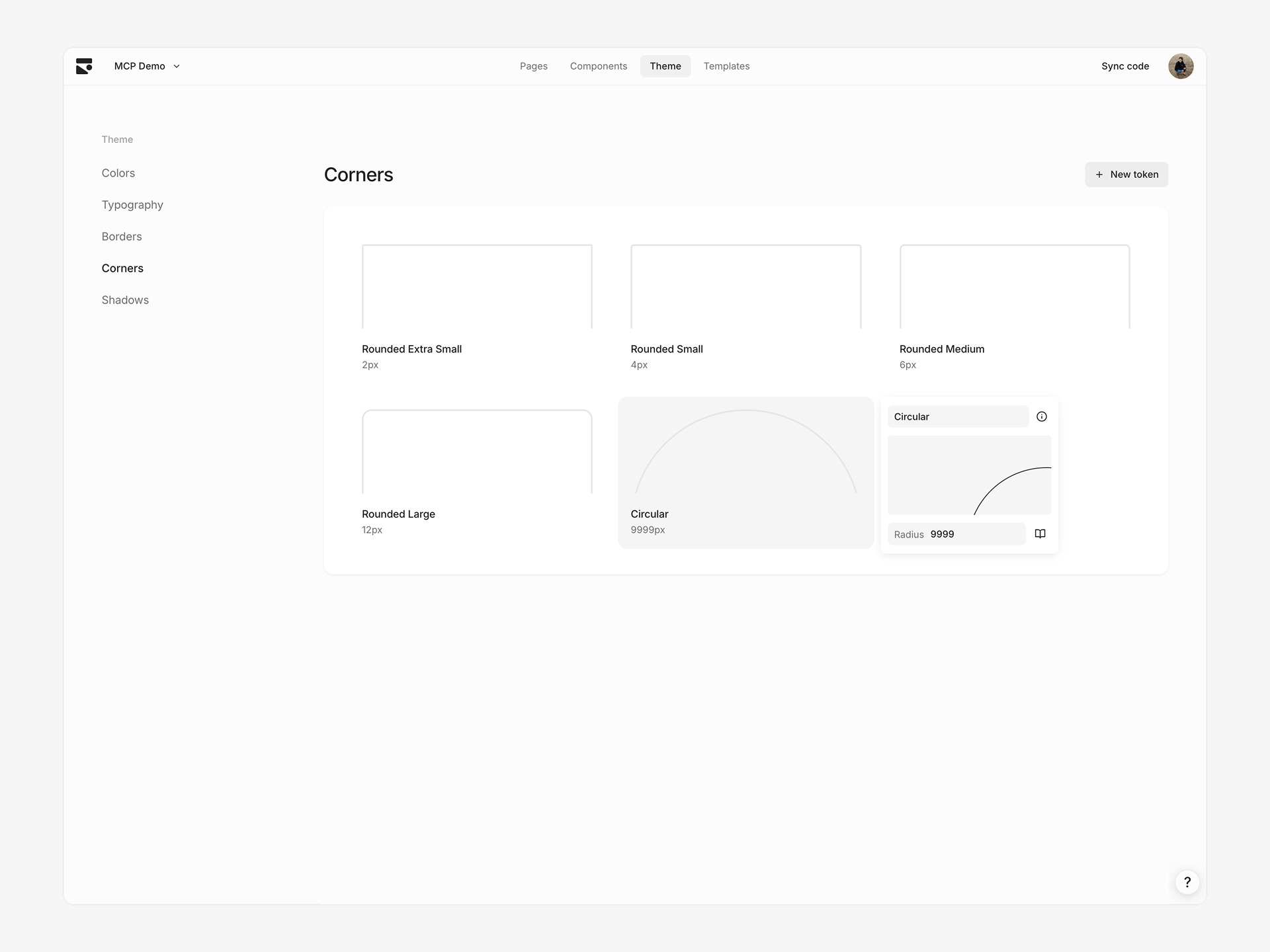 Corners section of the theme page showing editing a corner token