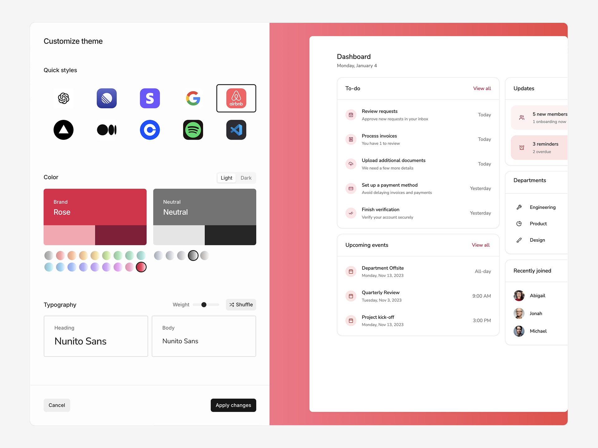 Edit theme dialog with theme preset controls and a preview