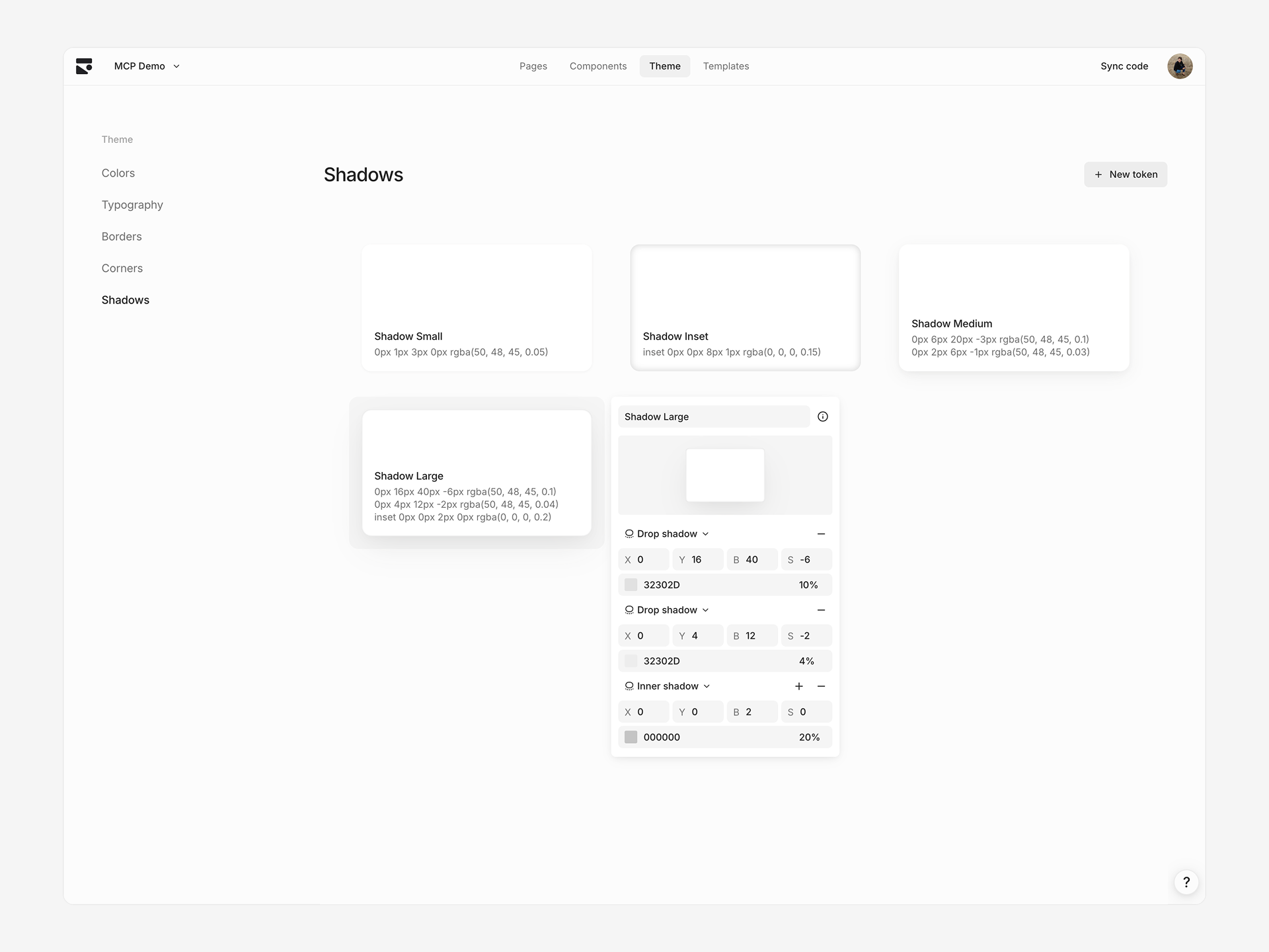Shadows section of the theme page showing editing a shadow token