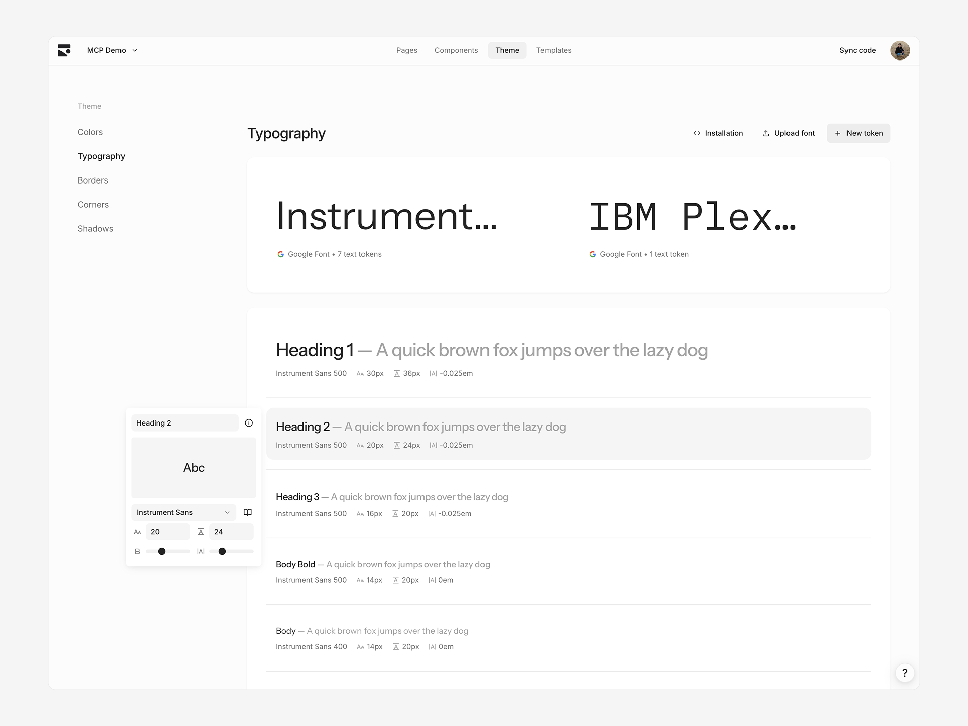 Typography section of the theme page showing editing a text token