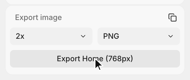 The Export image card in the Export tab with 2x scale, PNG format, and an Export Home button