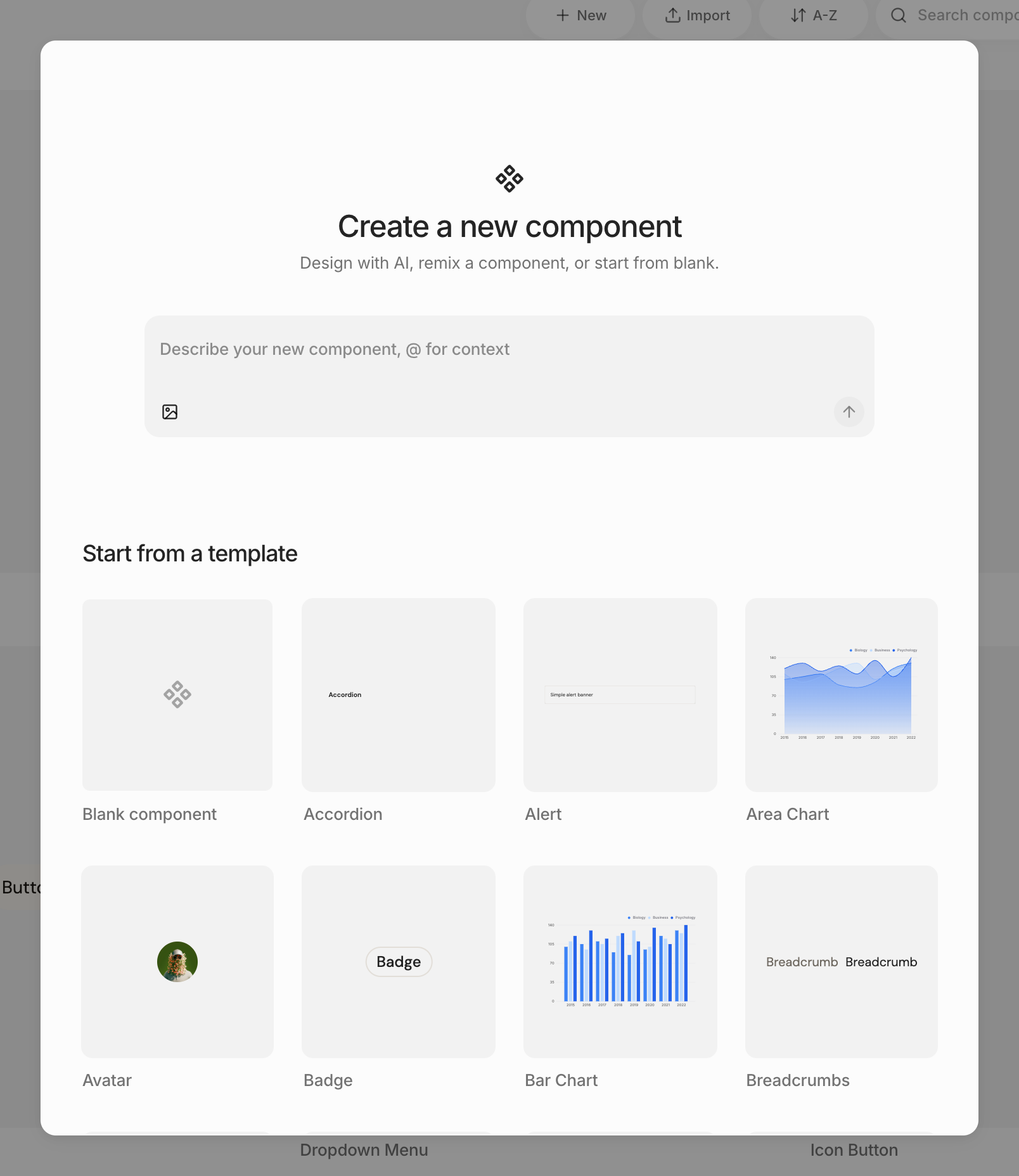 The Create a new component dialog with a prompt box above the Start from a template gallery