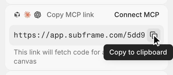 The MCP link card in the Export tab with the Copy MCP link label, a Connect MCP button, and the page's MCP link