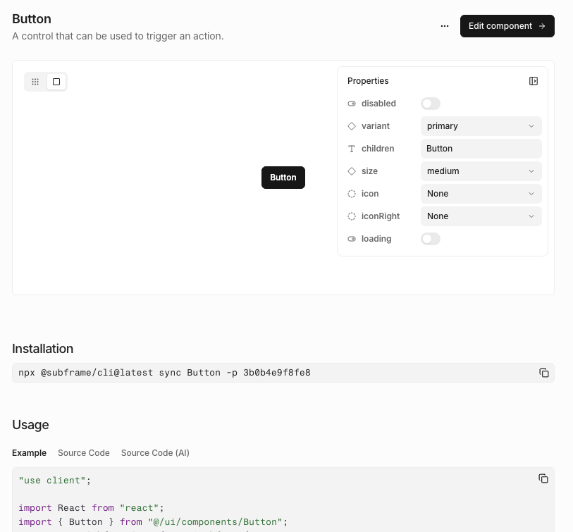 Component docs for a Button component