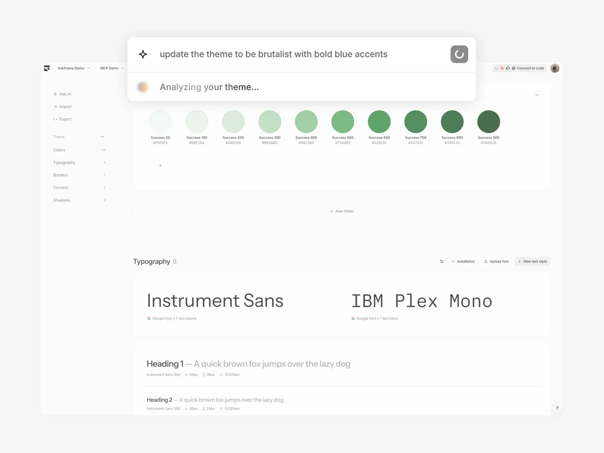 The theme page with Ask AI prompt open, showing 'update the theme to be brutalist with bold blue accents' with the theme sidebar and color tokens visible