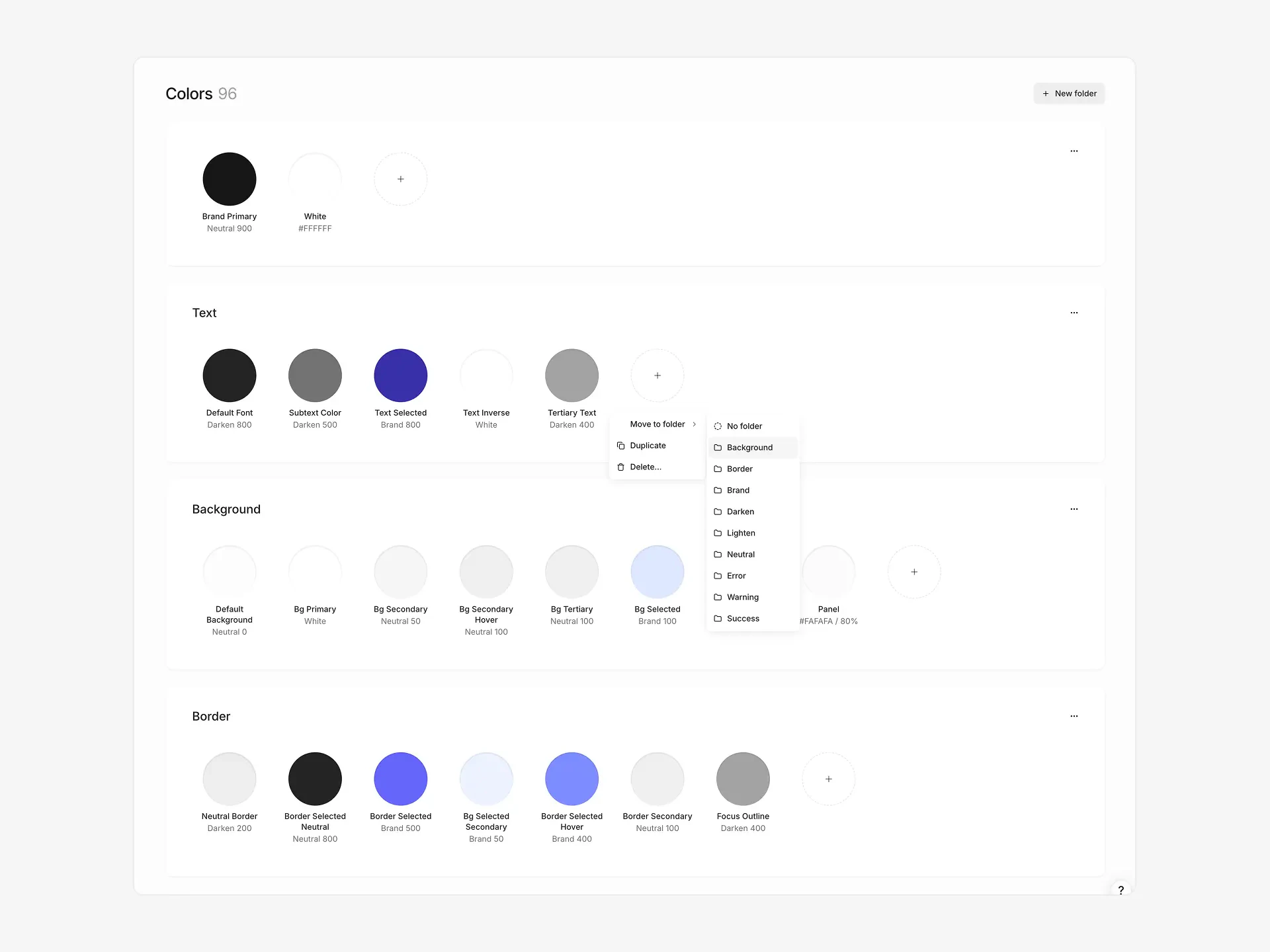 Colors section showing color tokens organized into folders like Text, Background, and Border, with a context menu for moving tokens between folders