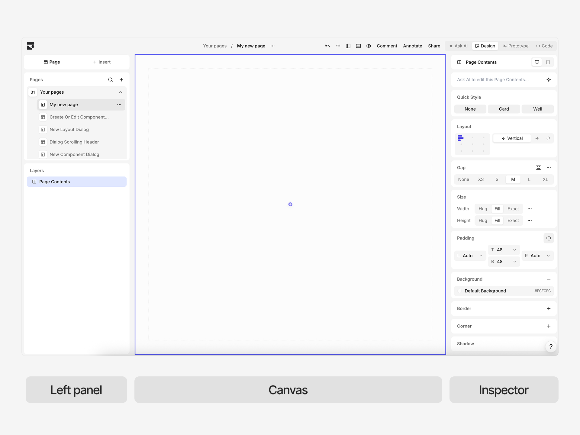 Editor layout showing the left panel, canvas, and inspector
