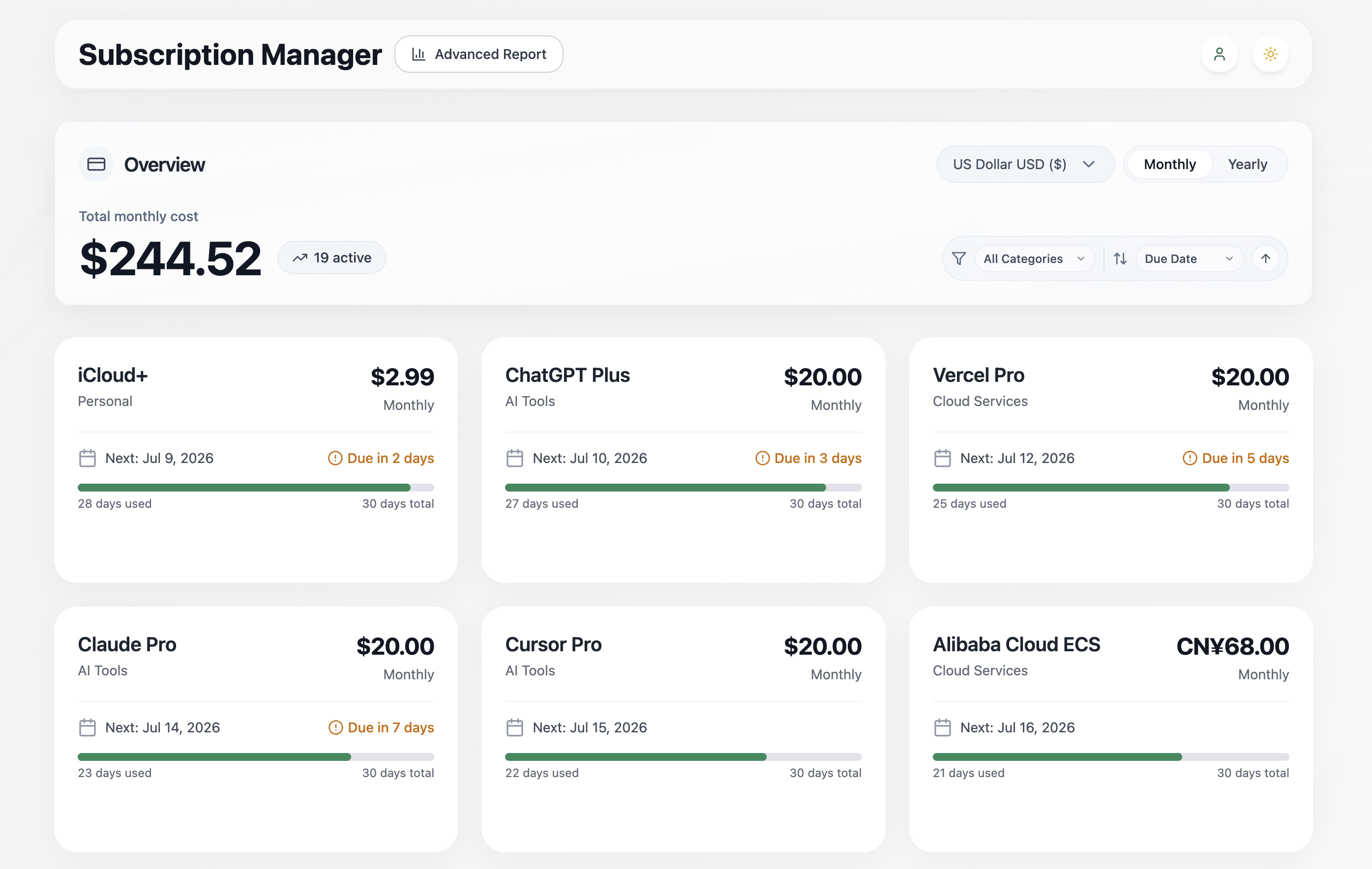 Subscription Manager dashboard showing spending totals, filters, and demo subscription cards