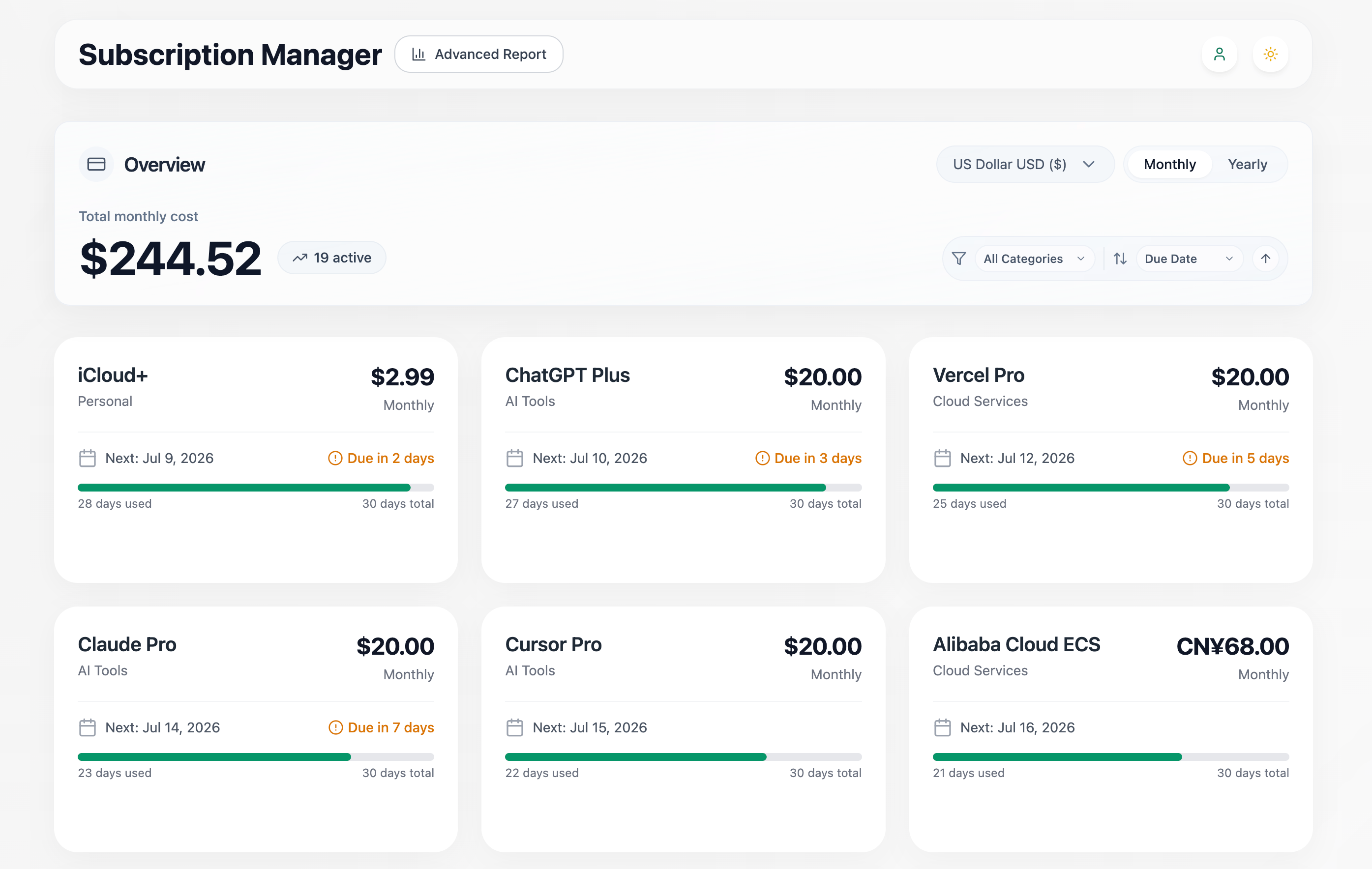 Subscription Manager dashboard showing spending totals, filters, and demo subscription cards