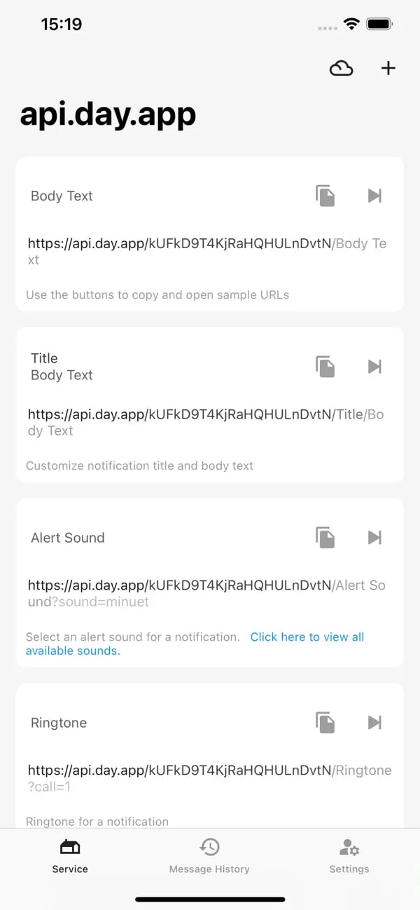 Bark Service page with a copy button beside each example push URL