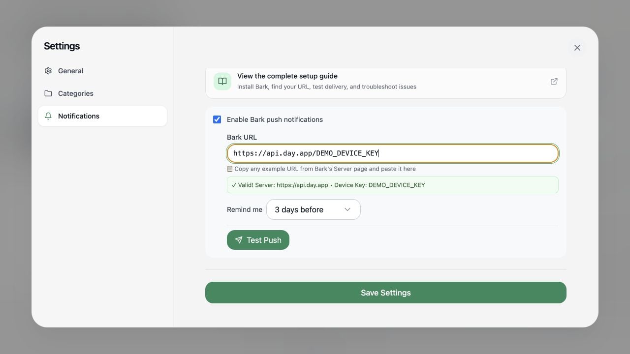 Subscription Manager notification settings showing the Bark URL, valid status, reminder timing, and Test Push button