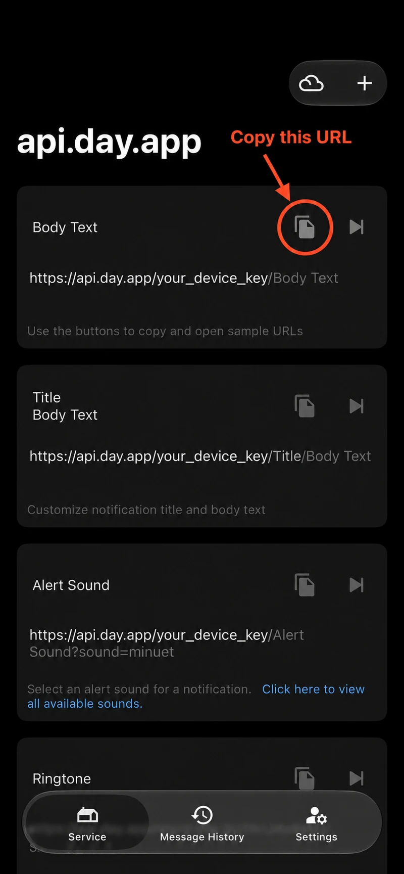 Bark Service page with an orange circle on the Copy URL button. Example URLs use the placeholder key your_device_key.