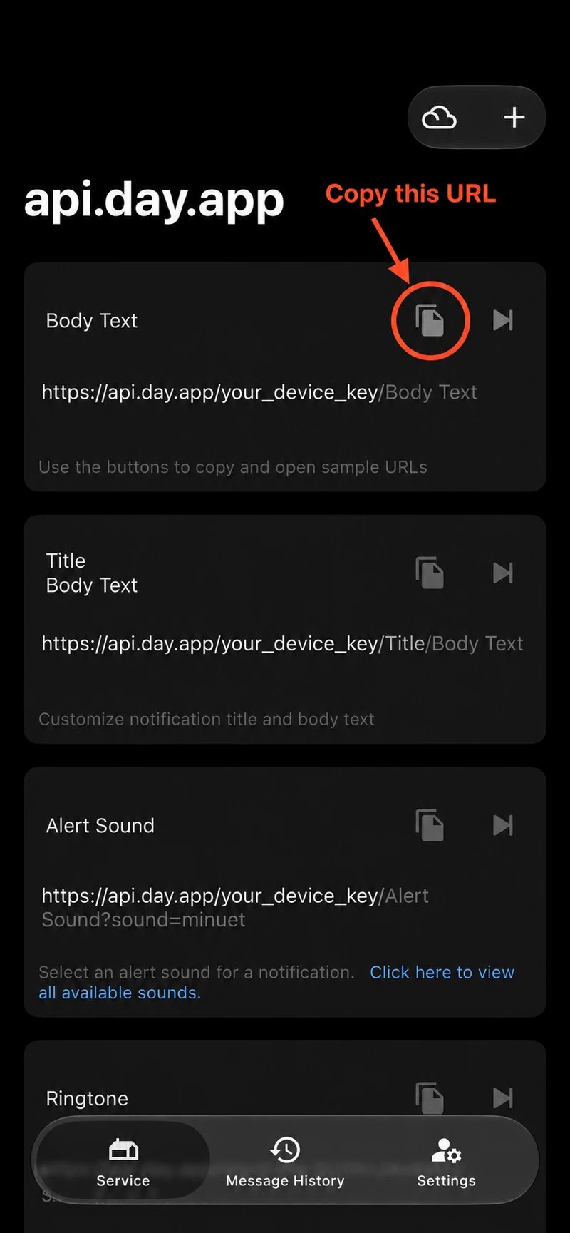 Bark Service page with an orange circle on the Copy URL button. Example URLs use the placeholder key your_device_key.