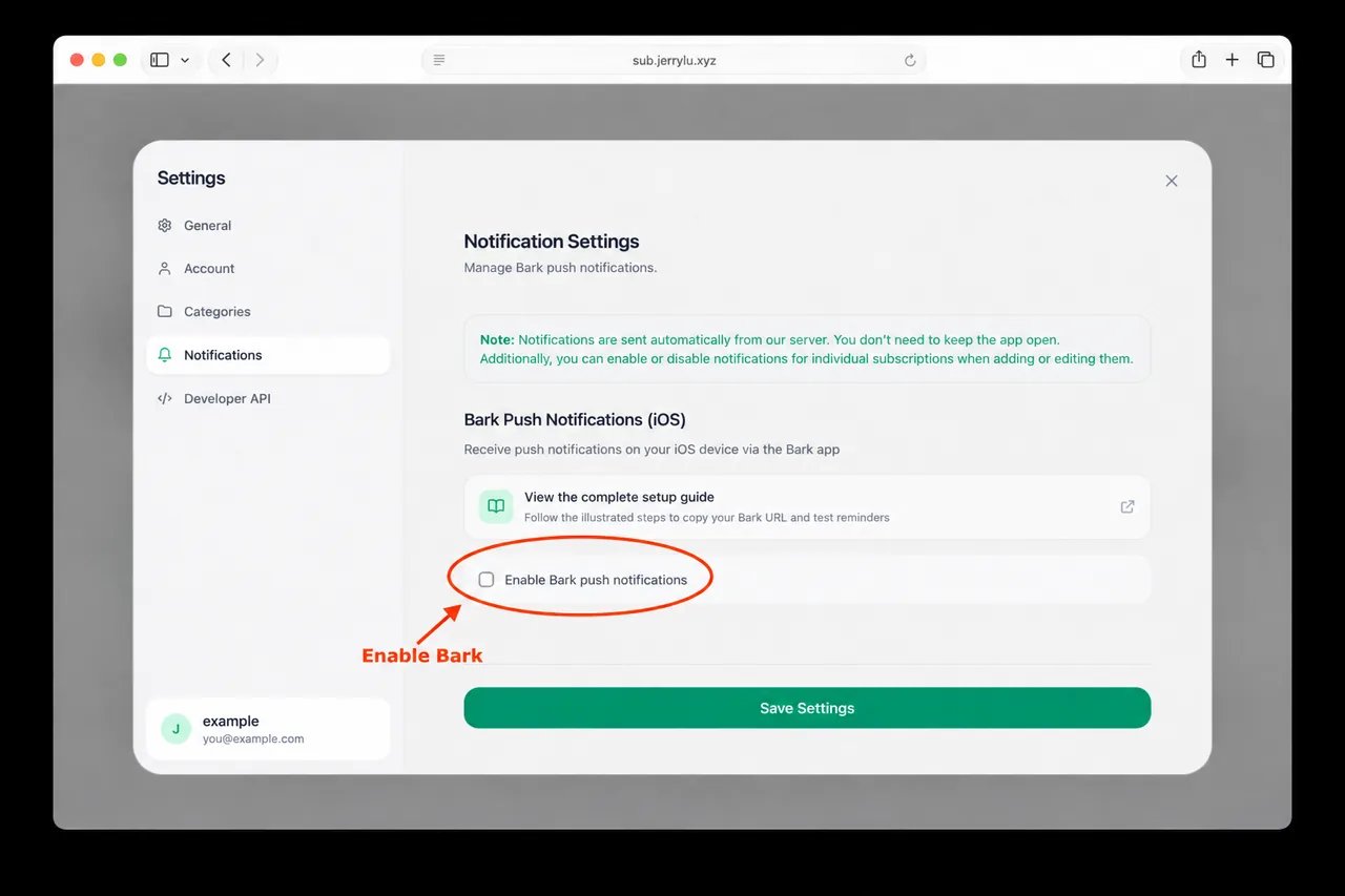 SteadyRenew notification settings with an orange circle around the Enable Bark push notifications checkbox