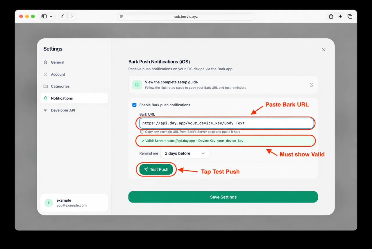 Bark URL field filled with a placeholder your_device_key URL, Valid status circled, and Test Push circled